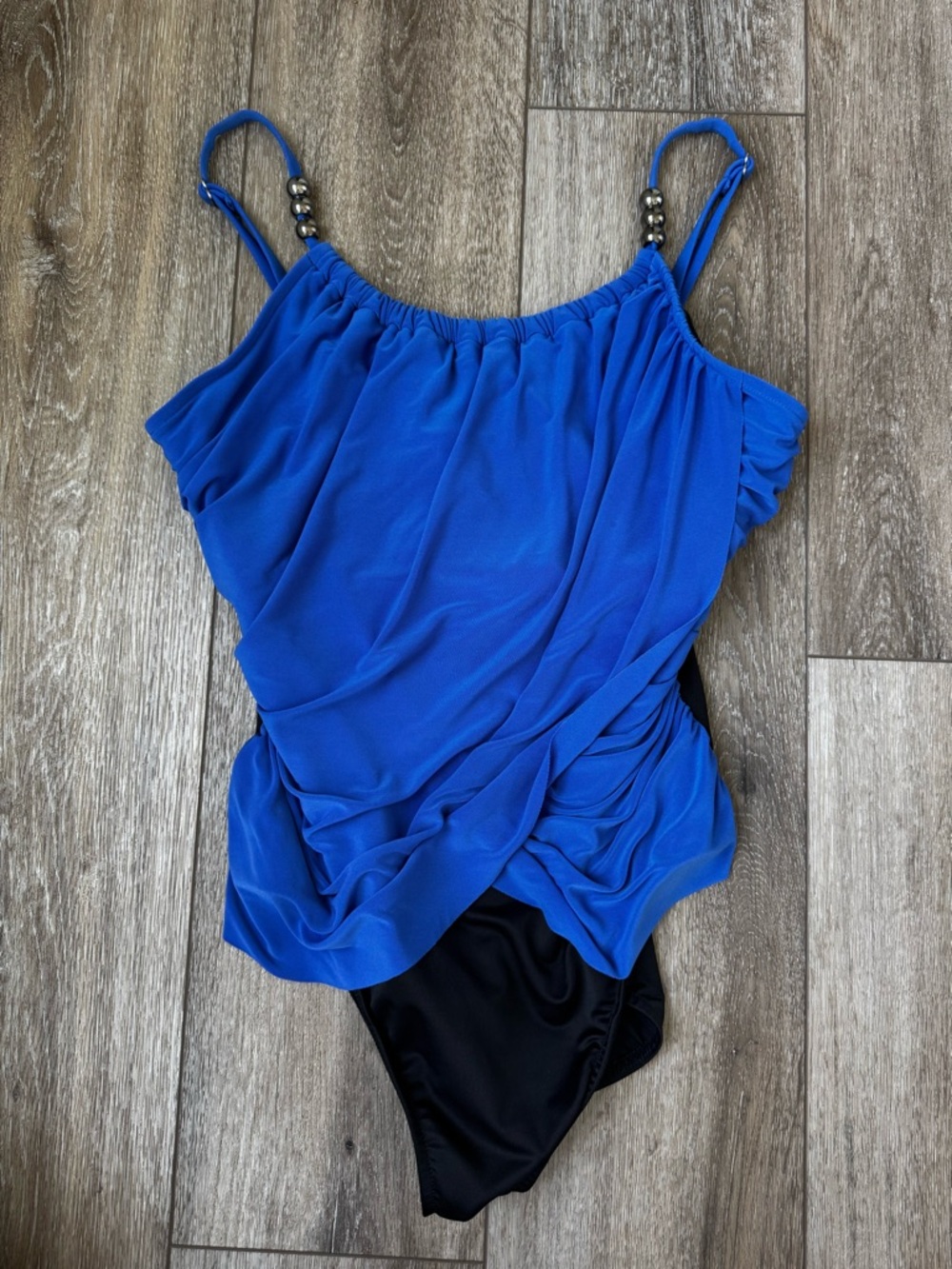 Magic Suit Blue Draped Tummy Control One Piece Swimsuit Beaded Straps Size 14